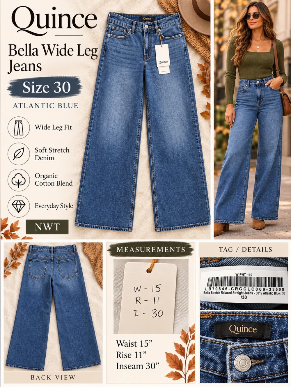 Quince Bella Stretch Wide Leg Jeans Size 30 Atlantic Blue NWT